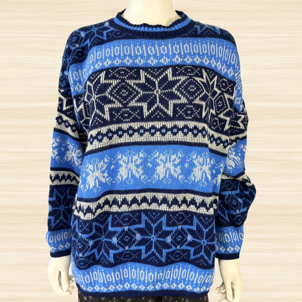 Americana Techknit Blue Fair Isle Snowflake Nordic Sweater Made in USA Plus 2X